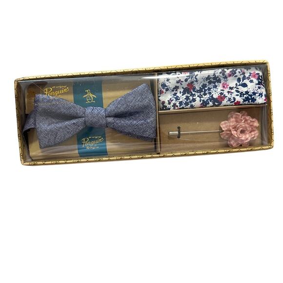 Original Penguin Bow Tie Set Includes Tie, Lapel Pin, and Pocket Square New - Picture 1 of 4